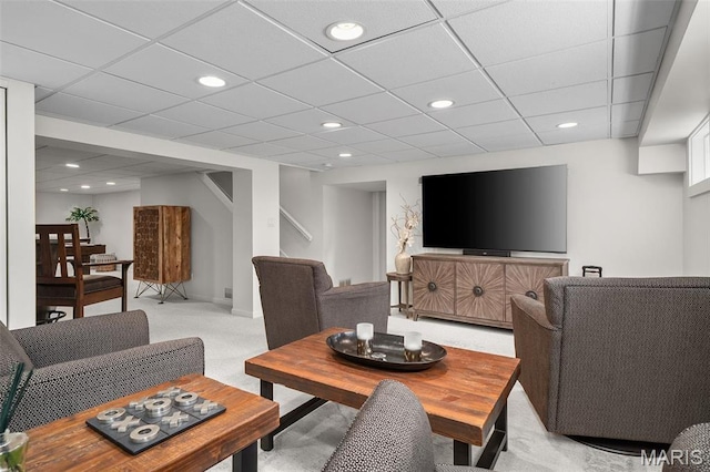 1578 Mason Knoll Rd, Town And Country, MO 63131 - living area with light colored carpet, stairway, recessed lighting, and baseboards