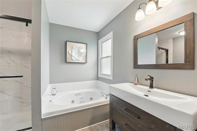 429 Arbor Meadow Ct, Ballwin, MO 63021 - bathroom with a jetted tub, vanity, and a marble finish shower