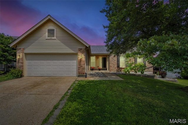 429 Arbor Meadow Ct, Ballwin, MO 63021 - ranch-style home with driveway, brick siding, a front yard, and a garage
