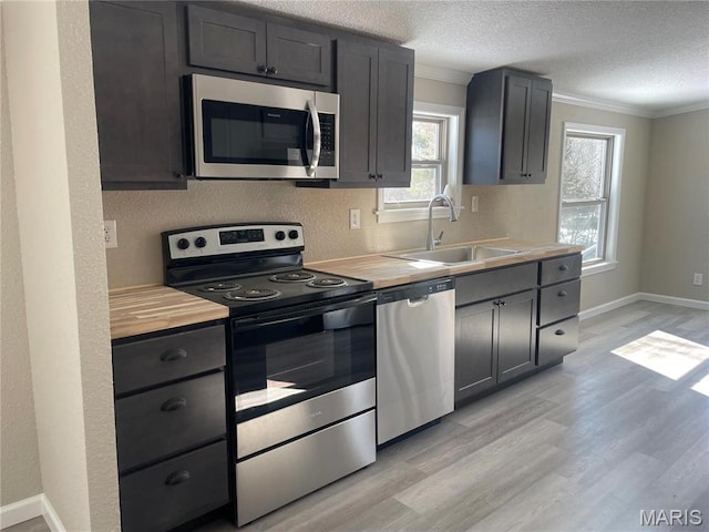 61 Wildwood Ter, Sullivan, MO 63080 - kitchen featuring stainless steel appliances, a sink, wood counters, crown molding, and light wood finished floors