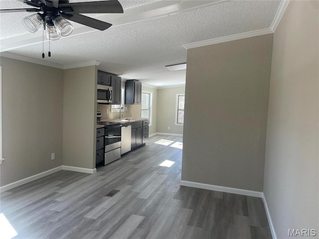 61 Wildwood Ter, Sullivan, MO 63080 - kitchen featuring stainless steel appliances, a ceiling fan, a textured ceiling, ornamental molding, and wood finished floors