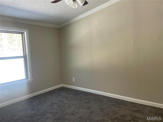 61 Wildwood Ter, Sullivan, MO 63080 - unfurnished room with ceiling fan, healthy amount of natural light, a textured ceiling, dark colored carpet, and crown molding