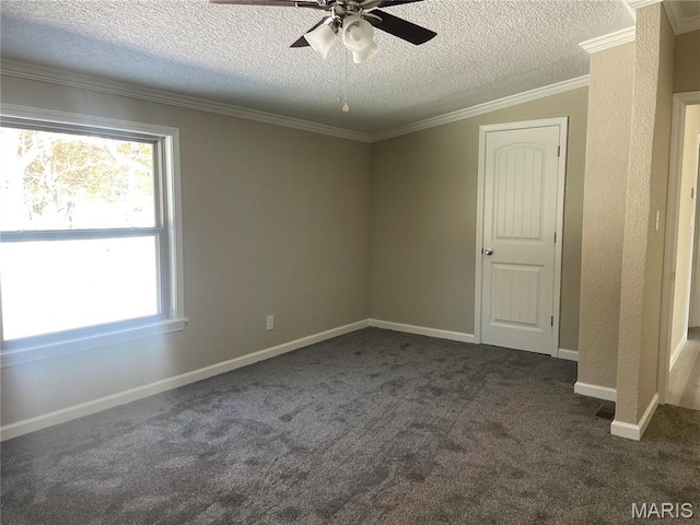 61 Wildwood Ter, Sullivan, MO 63080 - spare room with a textured ceiling, ceiling fan, carpet, crown molding, and baseboards