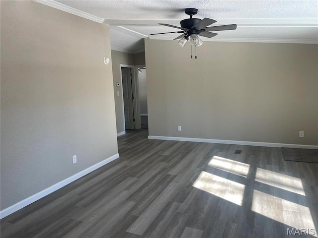 61 Wildwood Ter, Sullivan, MO 63080 - empty room featuring ceiling fan, dark wood-type flooring, baseboards, ornamental molding, and a textured ceiling