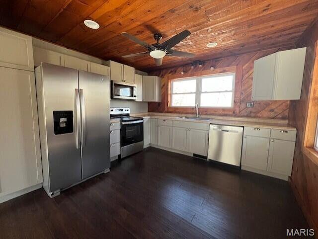 11498 M-Weatherman Dr, Mountain Grove, MO 65711 - kitchen with stainless steel appliances, wood ceiling, a sink, light countertops, and white cabinetry