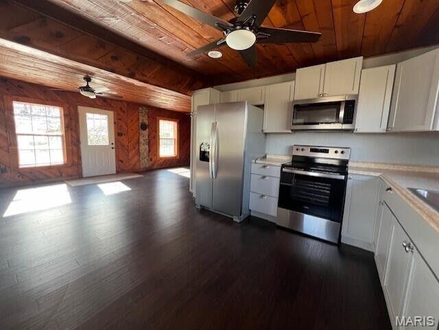 11498 M-Weatherman Dr, Mountain Grove, MO 65711 - kitchen with appliances with stainless steel finishes, wooden ceiling with exposed beams, ceiling fan, dark wood-type flooring, and light countertops