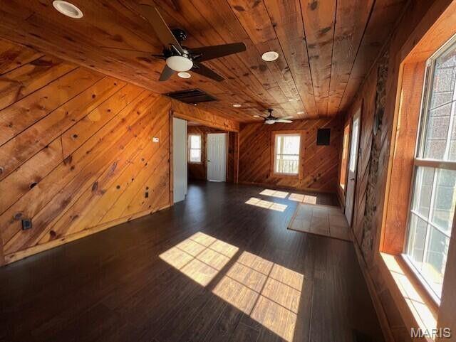 11498 M-Weatherman Dr, Mountain Grove, MO 65711 - spare room with wooden ceiling, wooden walls, a ceiling fan, and wood finished floors