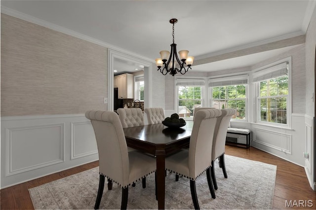 7603 Devonshire Ave, Shrewsbury, MO 63119 - dining space with a chandelier, a decorative wall, wainscoting, crown molding, and wallpapered walls