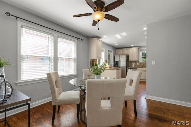 7603 Devonshire Ave, Shrewsbury, MO 63119 - dining area featuring a ceiling fan, baseboards, wood finished floors, and recessed lighting