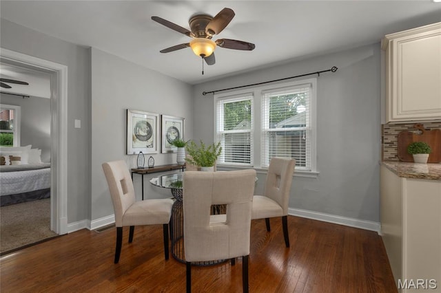 7603 Devonshire Ave, Shrewsbury, MO 63119 - dining space with a ceiling fan, plenty of natural light, dark wood-style flooring, and baseboards