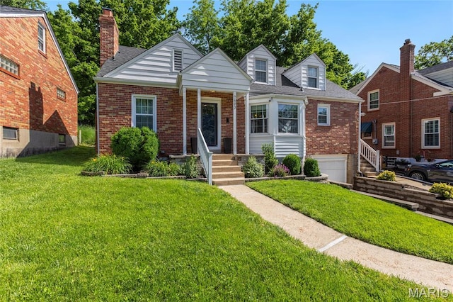 7603 Devonshire Ave, Shrewsbury, MO 63119 - cape cod home featuring brick siding, a front yard, a garage, and a shingled roof