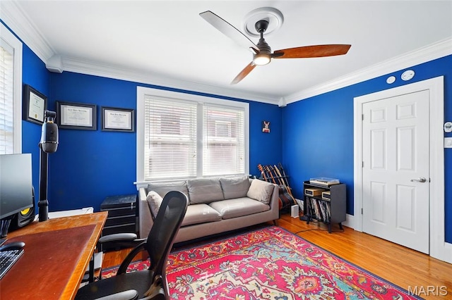 7570 Byron Pl Unit 3E, Saint Louis, MO 63105 - office with a ceiling fan, wood finished floors, and ornamental molding