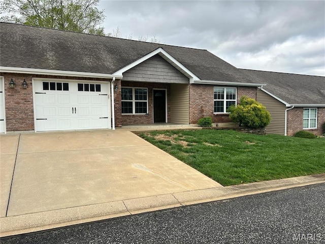 40 Pecan Tree Ln, Farmington, MO 63640 - ranch-style house with brick siding, an attached garage, driveway, a front yard, and a shingled roof