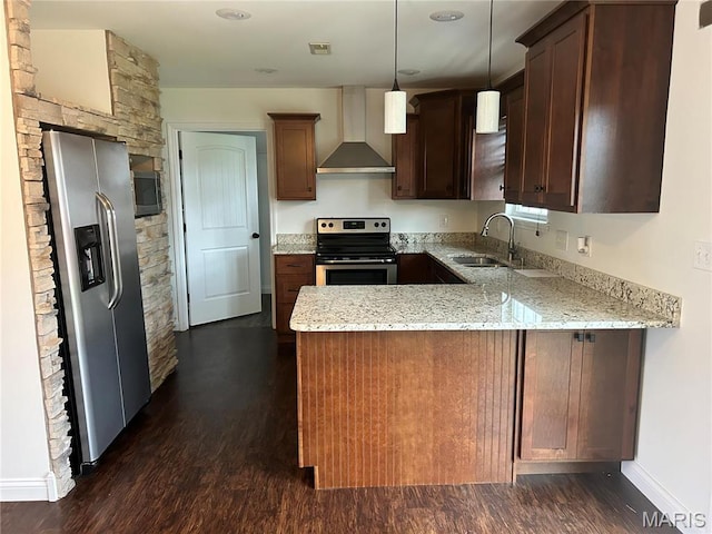40 Pecan Tree Ln, Farmington, MO 63640 - kitchen featuring stainless steel appliances, wall chimney exhaust hood, a peninsula, a sink, and light stone counters