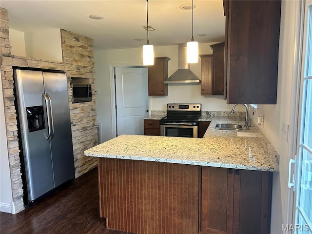 40 Pecan Tree Ln, Farmington, MO 63640 - kitchen with stainless steel appliances, a sink, wall chimney exhaust hood, a peninsula, and dark wood-style floors