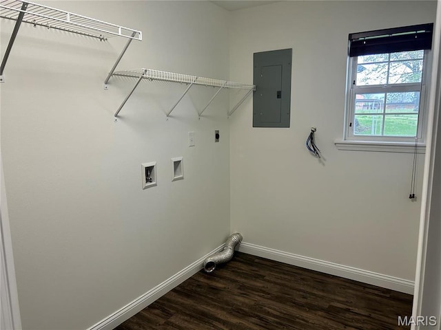 40 Pecan Tree Ln, Farmington, MO 63640 - laundry room featuring electric panel, baseboards, dark wood-style floors, electric dryer hookup, and washer hookup