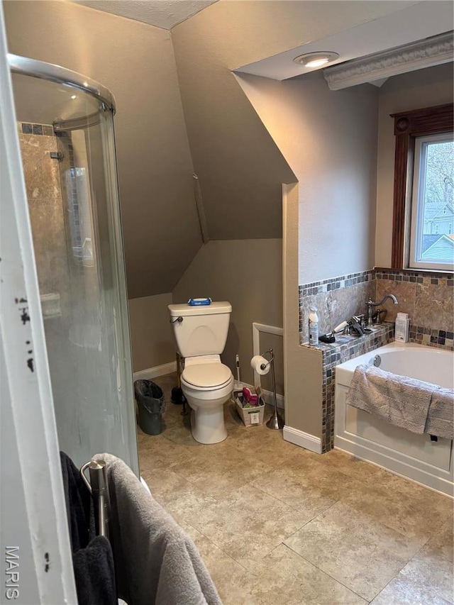 911 Grand Ave, Edwardsville, IL 62025 - full bathroom featuring toilet, a bath, a shower stall, and lofted ceiling