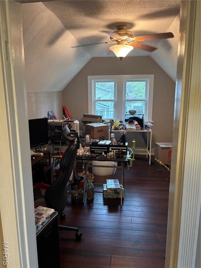 911 Grand Ave, Edwardsville, IL 62025 - office area featuring ceiling fan, a textured ceiling, vaulted ceiling, and hardwood / wood-style floors