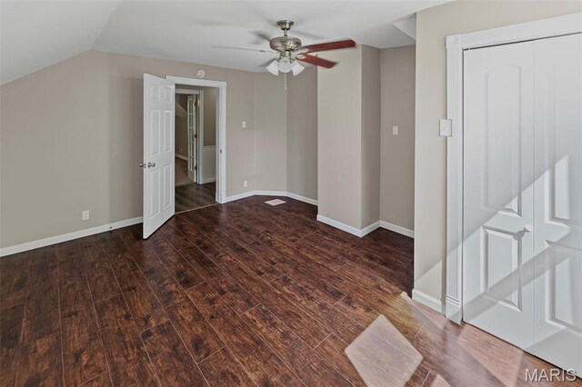 911 Grand Ave, Edwardsville, IL 62025 - empty room with a ceiling fan, wood-type flooring, baseboards, and lofted ceiling