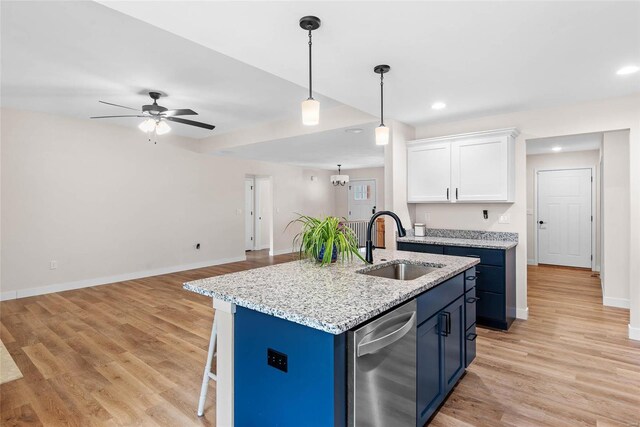 948 Half Moon, Caseyville, IL 62232 - kitchen with a sink, blue cabinetry, dishwasher, baseboards, and recessed lighting
