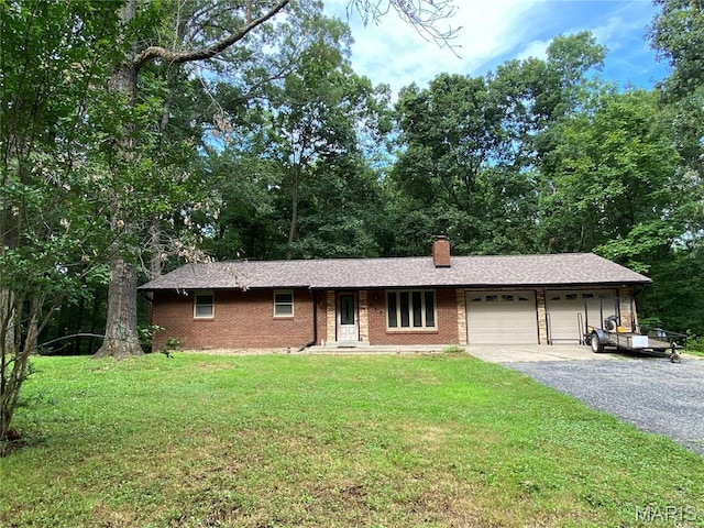 207 Navaho Dr, Cape Girardeau, MO 63701 - ranch-style house with a garage, a front yard, gravel driveway, a chimney, and brick siding