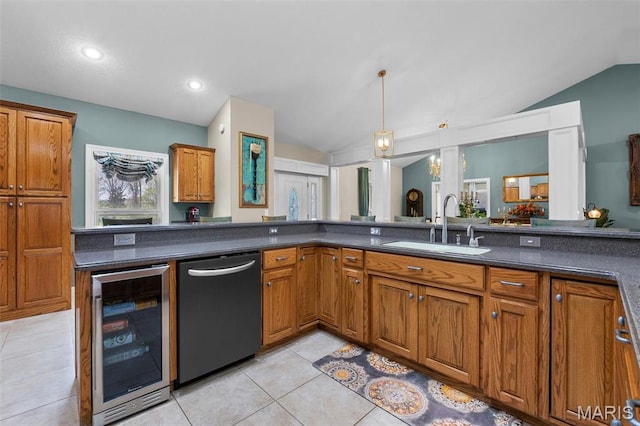 149 Windy Point Ave, Cape Girardeau, MO 63701 - kitchen featuring beverage cooler, dishwasher, vaulted ceiling, a sink, and brown cabinetry
