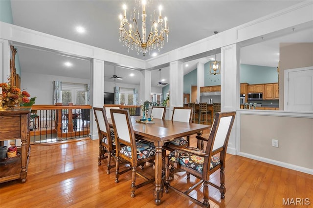 149 Windy Point Ave, Cape Girardeau, MO 63701 - dining room with light wood-style floors, a chandelier, and ceiling fan