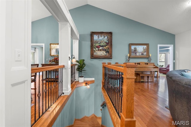 149 Windy Point Ave, Cape Girardeau, MO 63701 - hall featuring an upstairs landing, wood finished floors, and high vaulted ceiling