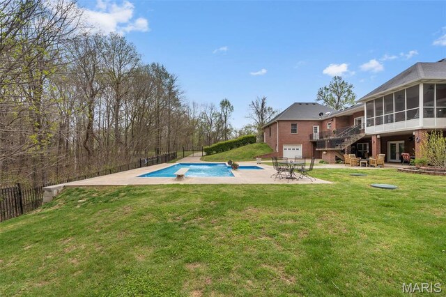 149 Windy Point Ave, Cape Girardeau, MO 63701 - view of pool with a sunroom, a patio area, stairway, and a diving board