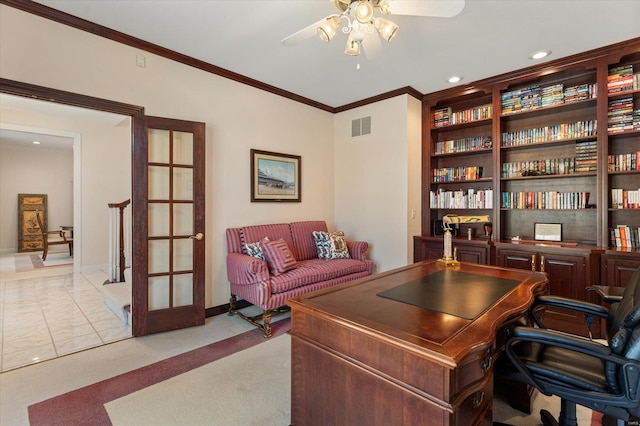 230 W Waters Edge Dr, Belleville, IL 62221 - office space featuring a ceiling fan, ornamental molding, light carpet, recessed lighting, and baseboards