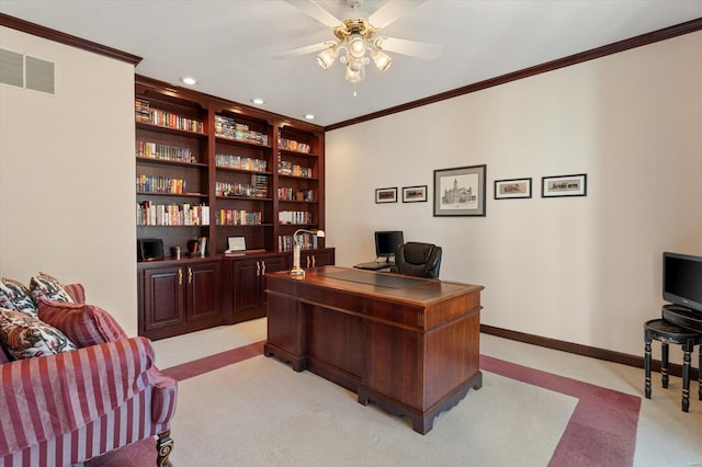 230 W Waters Edge Dr, Belleville, IL 62221 - office space featuring ceiling fan, light carpet, ornamental molding, recessed lighting, and baseboards