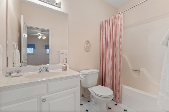 230 W Waters Edge Dr, Belleville, IL 62221 - full bath with toilet, vanity, shower / bathtub combination with curtain, tile patterned flooring, and a ceiling fan