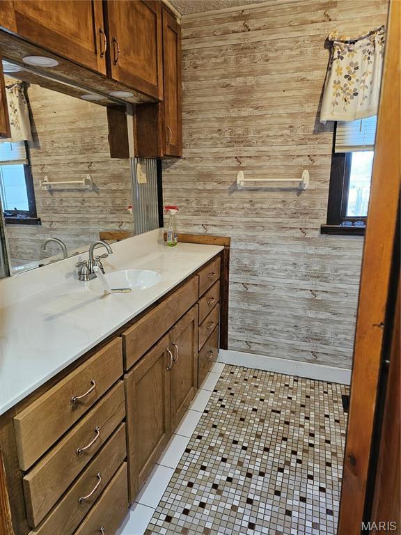 18480 State Route O, Rolla, MO 65401 - bathroom featuring wood walls, tile patterned floors, and vanity