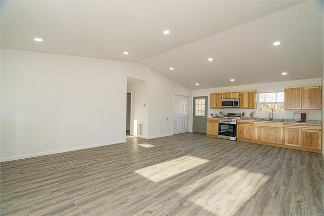 1510 N Mapleshade Rd, Cuba, MO 65453 - kitchen with stainless steel appliances, baseboards, light wood finished floors, lofted ceiling, and recessed lighting