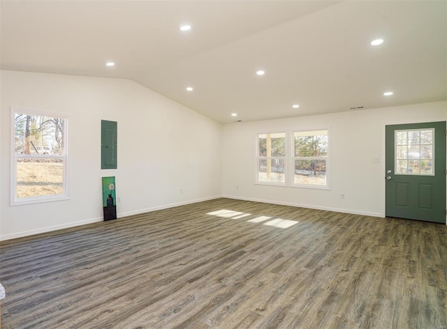 1510 N Mapleshade Rd, Cuba, MO 65453 - unfurnished living room featuring electric panel, wood finished floors, baseboards, recessed lighting, and lofted ceiling