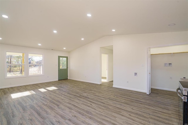 1510 N Mapleshade Rd, Cuba, MO 65453 - unfurnished living room with wood finished floors, recessed lighting, baseboards, and vaulted ceiling
