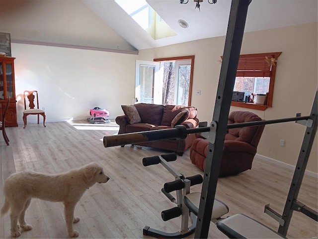 exercise room featuring a skylight, wood finished floors, lofted ceiling, and baseboards