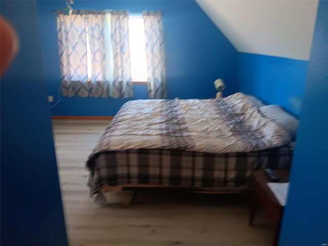 bedroom with wood finished floors and lofted ceiling