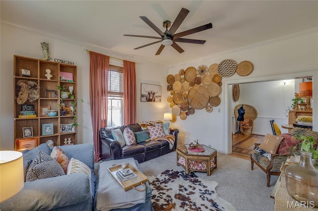 401 S Main, Fredericktown, MO 63645 - living room with a ceiling fan, ornamental molding, and carpet flooring