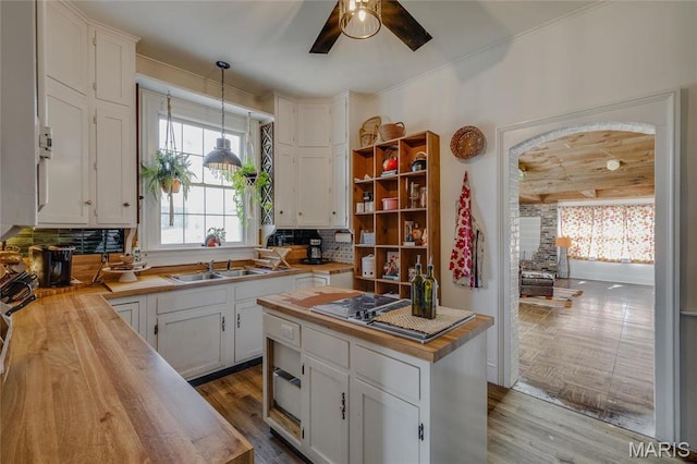 401 S Main, Fredericktown, MO 63645 - kitchen with wooden counters, stainless steel cooktop, ceiling fan, and decorative backsplash