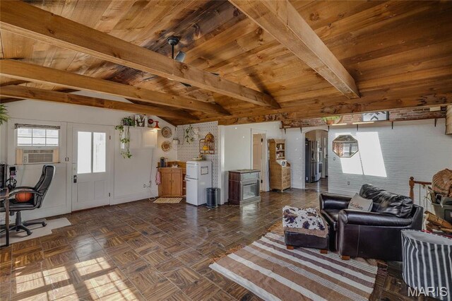 401 S Main, Fredericktown, MO 63645 - living area with wood ceiling, cooling unit, and arched walkways
