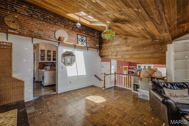401 S Main, Fredericktown, MO 63645 - foyer with wood ceiling, brick wall, and vaulted ceiling