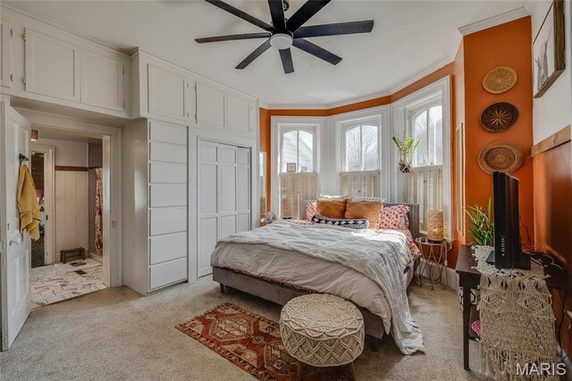 401 S Main, Fredericktown, MO 63645 - bedroom with light carpet, crown molding, and ceiling fan