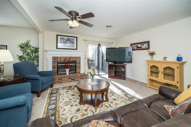 1611 Walpole Dr Unit C, Chesterfield, MO 63017 - carpeted living area with a ceiling fan, a brick fireplace, and baseboards