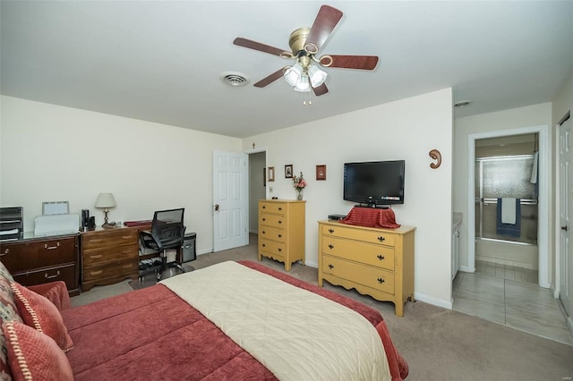 1611 Walpole Dr Unit C, Chesterfield, MO 63017 - bedroom with light colored carpet, baseboards, ensuite bathroom, and a ceiling fan