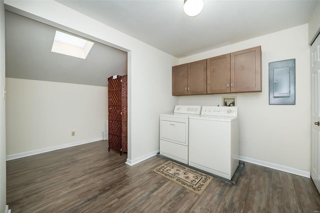 1611 Walpole Dr Unit C, Chesterfield, MO 63017 - laundry area with electric panel, a skylight, washer and clothes dryer, and dark wood-style flooring