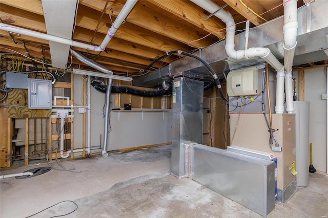 unfinished below grade area with electric panel and water heater
