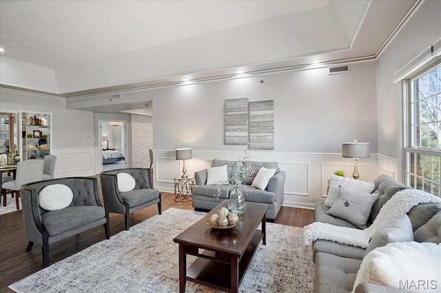 561 Sarah Ln Unit 305, Saint Louis, MO 63141 - living area featuring dark wood-type flooring, wainscoting, a decorative wall, crown molding, and recessed lighting