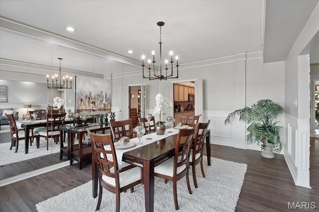 561 Sarah Ln Unit 305, Saint Louis, MO 63141 - dining area with a chandelier, dark wood-type flooring, a decorative wall, a wainscoted wall, and recessed lighting