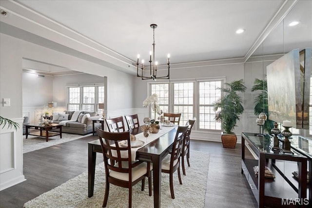 561 Sarah Ln Unit 305, Saint Louis, MO 63141 - dining area with a chandelier, crown molding, dark wood-style flooring, recessed lighting, and a wainscoted wall